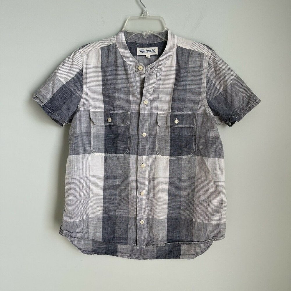 Madewell Blue Short Sleeve Shirt in Screendoor Plaid Linen Blend